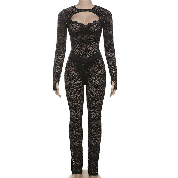 K European And American Style New Personalized Street Sexy Spicy Girl Lace Hollow See Through Tight Pants Set_ecoleips.com