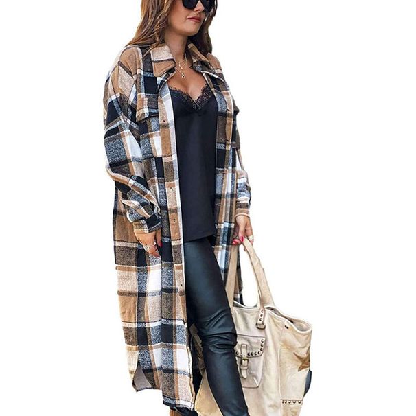 Long-Sleeved Women's Trench Coat With Side Slit And Turned-Down Collar; Loose Woolen Checkered Shirt Top Jacket_ecoleips.com