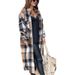 Long-Sleeved Women's Trench Coat With Side Slit And Turned-Down Collar; Loose Woolen Checkered Shirt Top Jacket_ecoleips.com