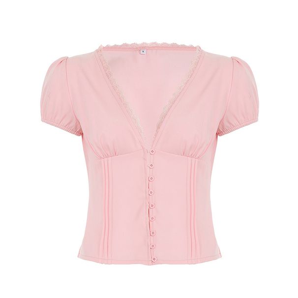 French Style Girly Style, Youthful And Age Reducing Lace Trimmed V Neck Puff Sleeve Shirt, Slimming Button Down Waist Fitted Crop Top_ecoleips.com