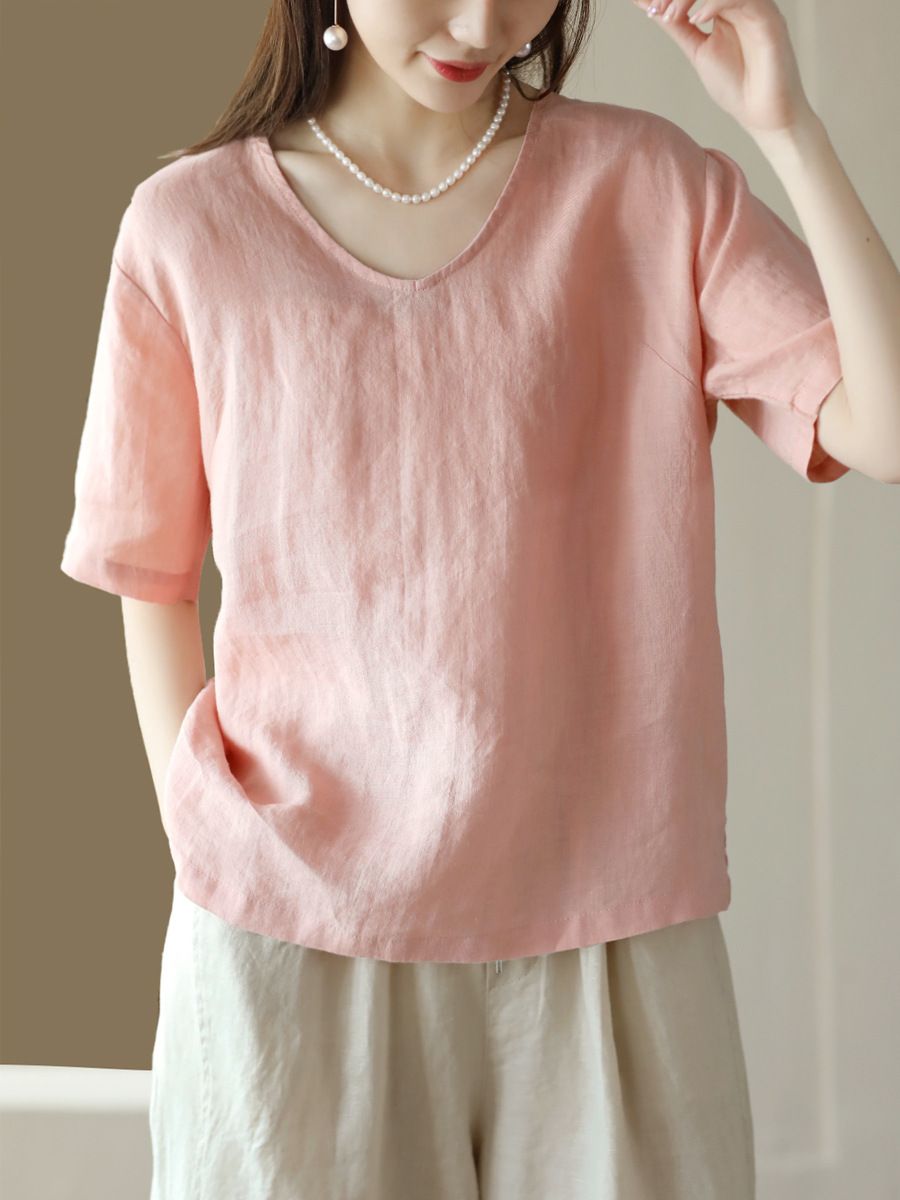 Vintage Cotton-Linen Top For Women, Loose Slimming V-Neck Short-Sleeve Pullover, Casual Solid-Color T-Shirt, Linen Shirt_ecoleips.com