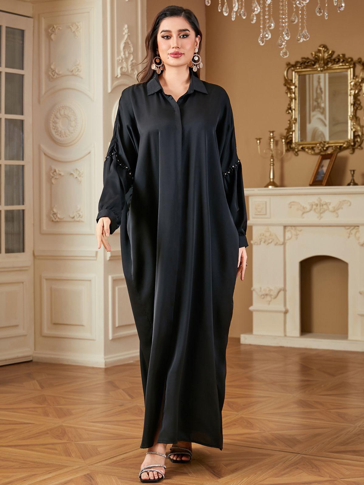 Women's Clothing Elegant Loose Bat Sleeve Beaded Cardigan Dress Long Skirt_ecoleips.com