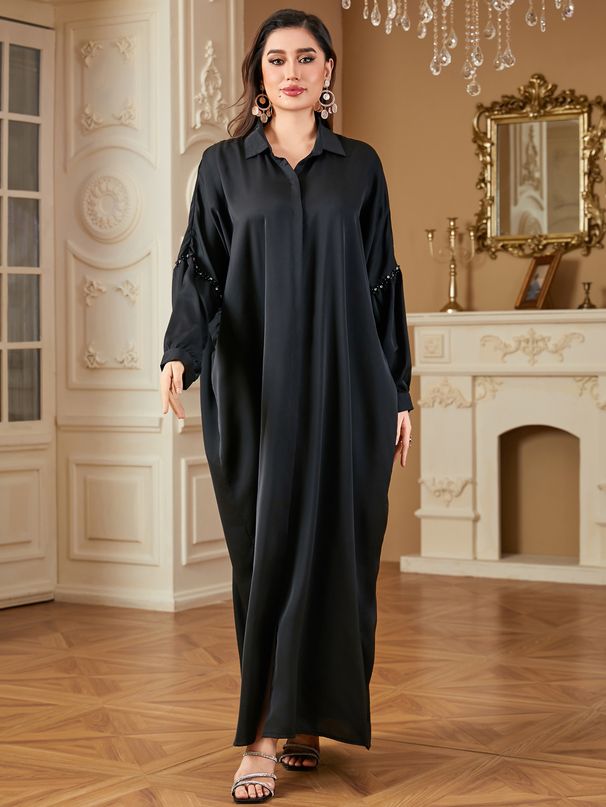 Women's Clothing Elegant Loose Bat Sleeve Beaded Cardigan Dress Long Skirt_ecoleips.com