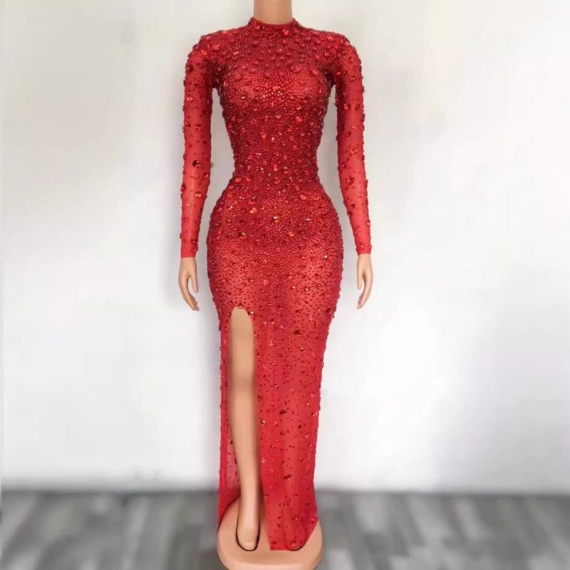 Stage-Ready Glitter Mesh Gown – Long Sleeve Bodycon Evening Dress With Crystal Embellishments For Performers_ecoleips.com