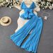 Women's Clothing Summer Pleated Sleeveless Chiffon Top + High Waisted Wide Leg Trousers Two Piece Trendy Set_ecoleips.com