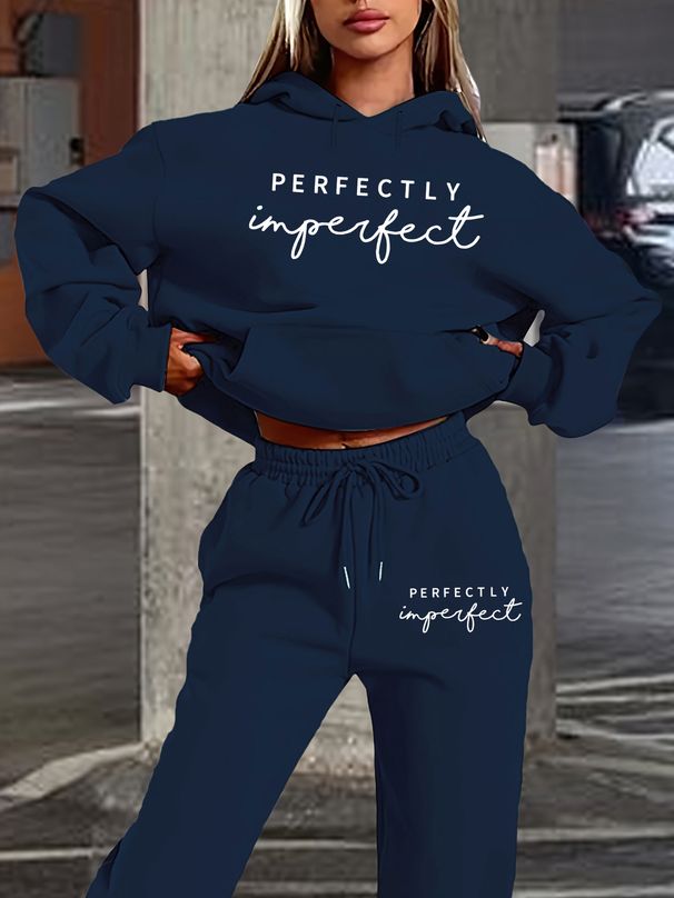 Women's Autumn And Winter Fashionable Casual PERFECTLY Letter Printed Thick Fleece Warm Hooded Sweatshirt+sports Pants Set-756_ecoleips.com