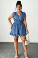 Curvy Faux Denim Sleeveless Romper, V Neck Back Bow Ruffle Flared Hem For Date Beach Festival_ecoleips.com
