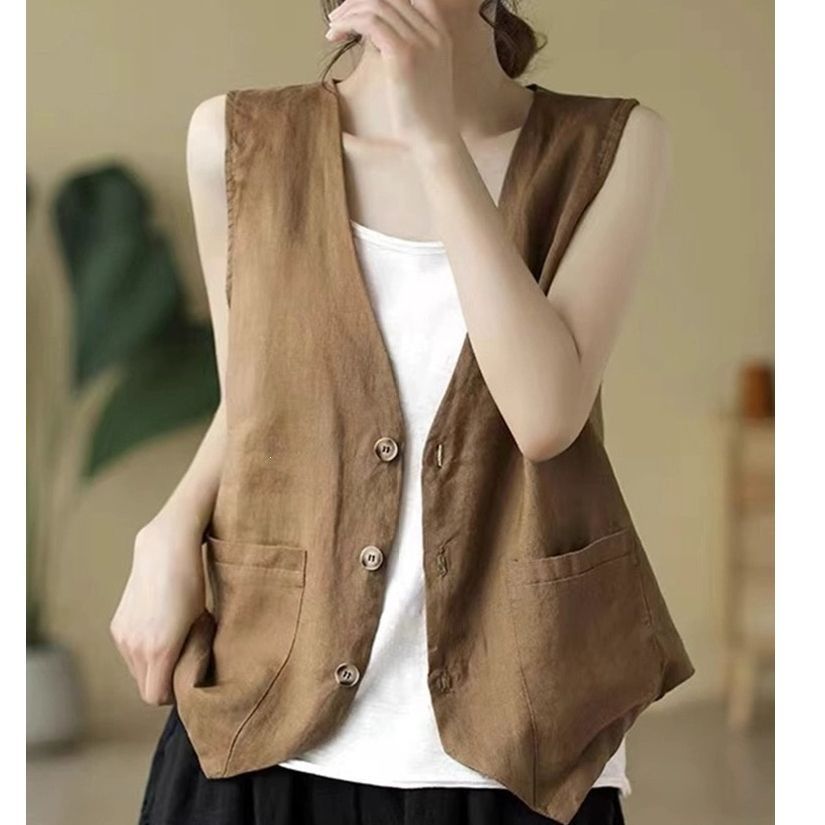 Cotton And Linen Women's Vest, Summer Stylish Casual Thin Loose Sleeveless Outerwear, Pure Cotton Jacket Top_ecoleips.com