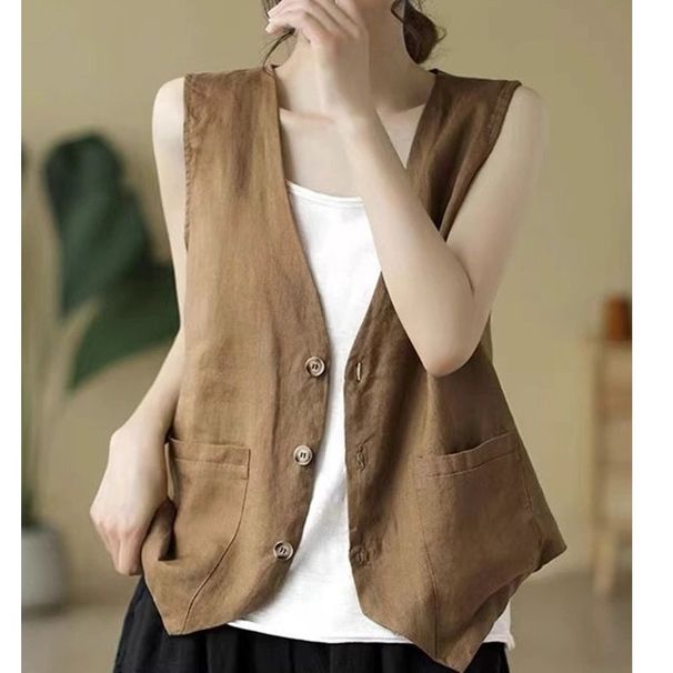 Cotton And Linen Women's Vest, Summer Stylish Casual Thin Loose Sleeveless Outerwear, Pure Cotton Jacket Top_ecoleips.com