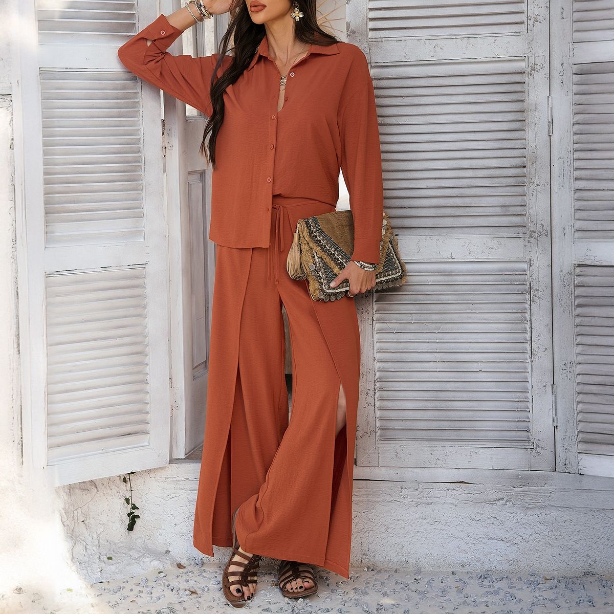 Women's Clothing Spring And Summer Leisure Vacation Style Solid Color Shirt Wide Leg Trousers Suit_ecoleips.com