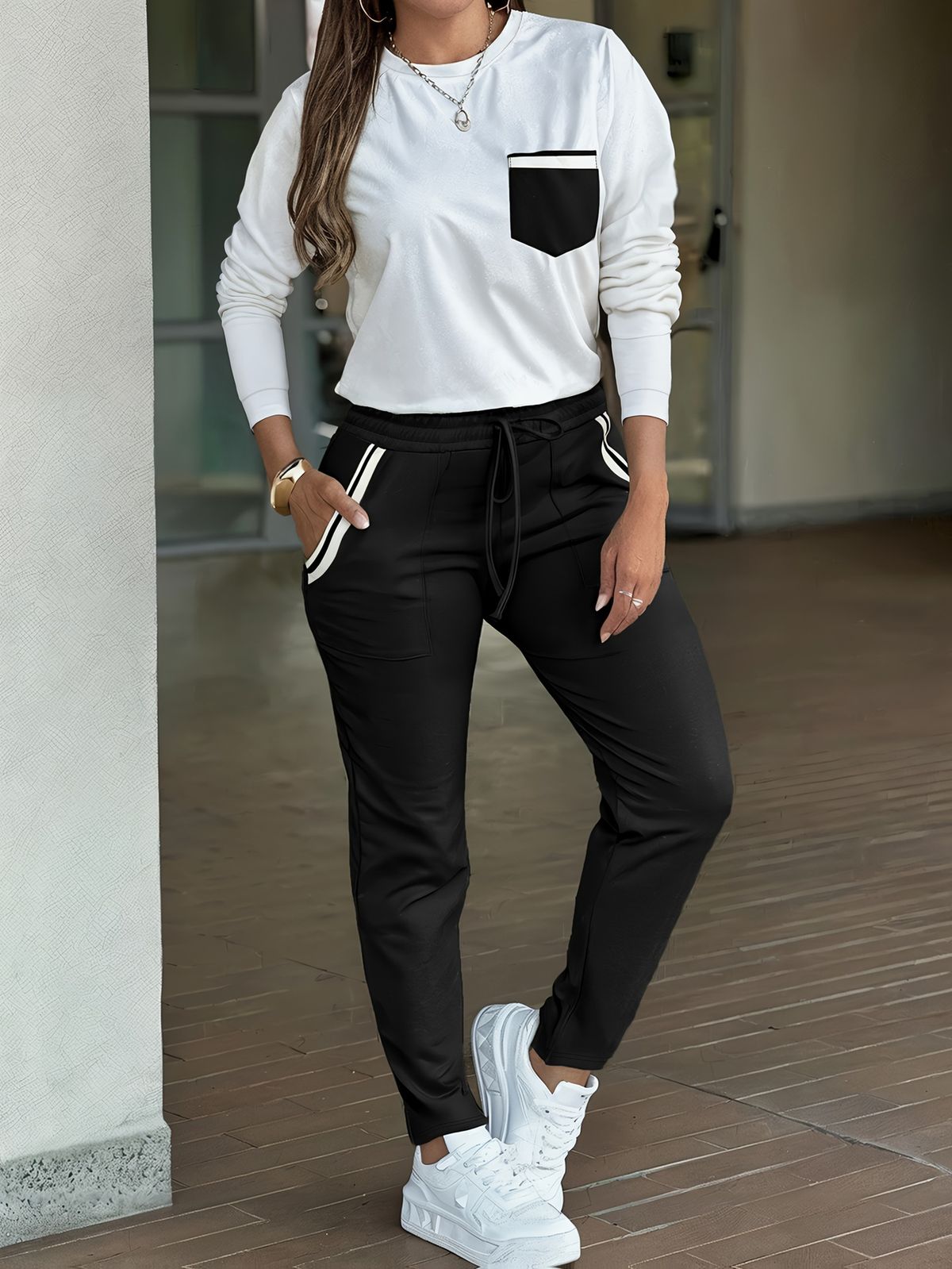 Women's Fall Winter Casual Set, Long Sleeve Knit Top & High-Waisted Pencil Pants Two-Piece Outfit Functional Details_ecoleips.com