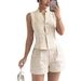 Women's Textured 2 Piece Outfit, Sleeveless V-Neck Button Down Vest Top & High Waist Casual Shorts Set, Elegant Solid Summer Co Ord Sets For Daily Wea_ecoleips.com
