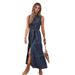 Blue Sleeveless Long Dress For Women Waist Tie Design Faux Denim Single Breasted Multi Button_ecoleips.com