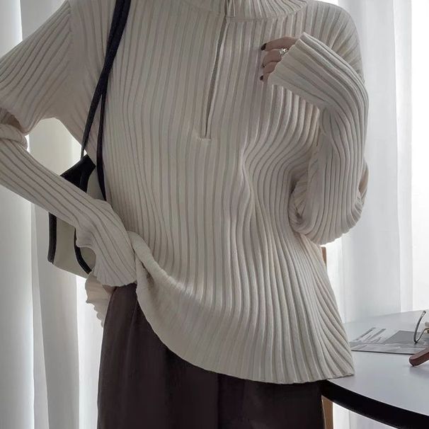 High Neck Long Sleeve Knitted Base Autumn Winter 2024 New Loose Lazy Zipper Sweater Top_ecoleips.com