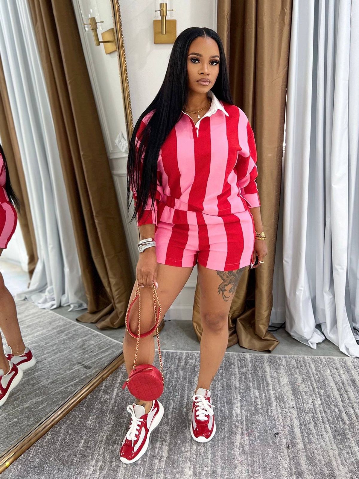 Women's Clothing Spring And Summer New Sports Leisure Fashion Striped Lapel Top High Waist Shorts Suit_ecoleips.com