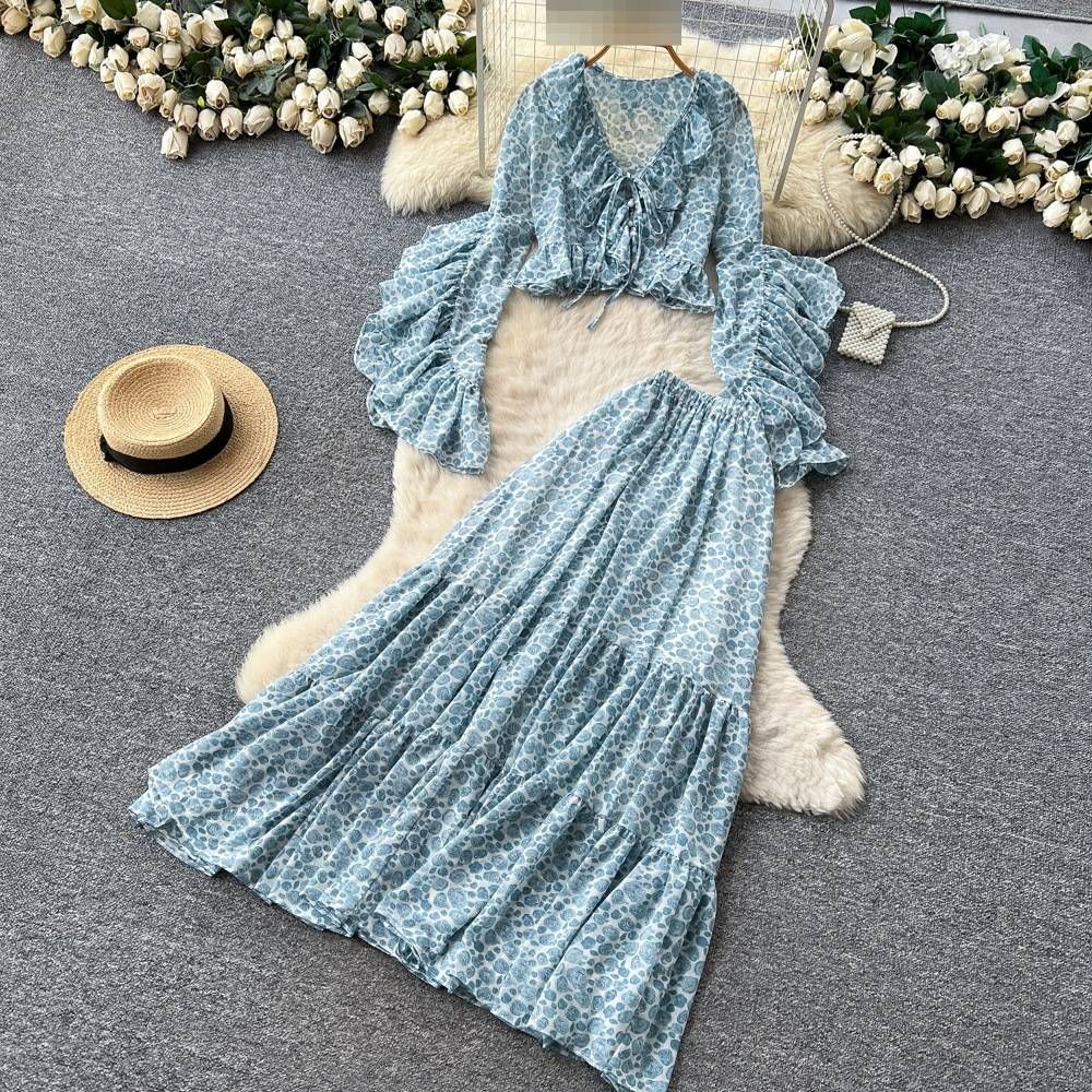 Women's French Style Pink Ruffled Bell Sleeve V Neck Shirt And High Waisted Tiered Skirt Two Piece Set For Resort Slimming Spring_ecoleips.com
