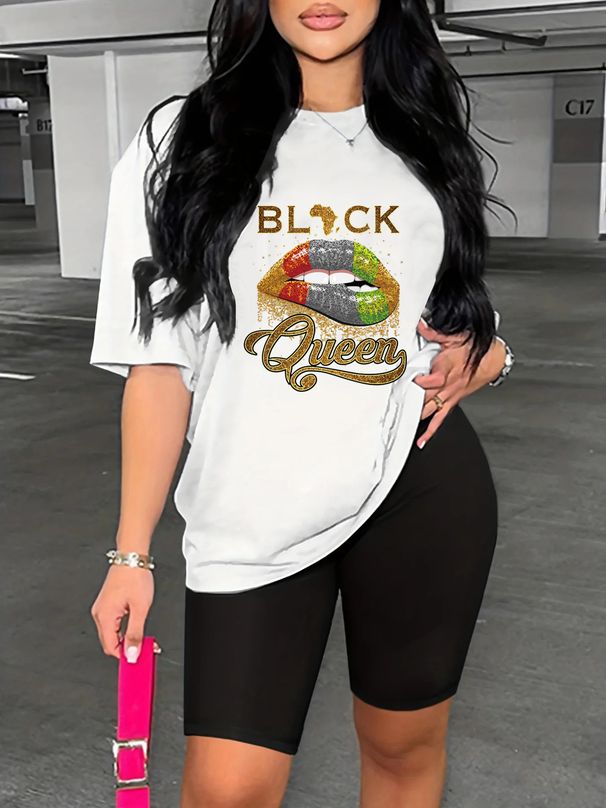 Summer Women's Casual Fashion BLACK Queen Print Loose T-shirt+shorts Two-piece Sportswear Suitable For Daily Wear-82_ecoleips.com
