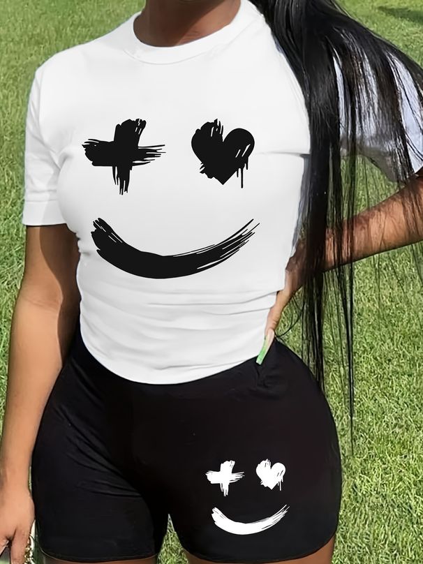 Summer Women's Casual And Fashionable Smile Face Print Loose T-shirt+shorts Two-piece Sportswear Suitable For Daily Wear-49_ecoleips.com