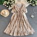 Women's French Style Crossover V Neck Dress Slimming Geometric Print Long Dress With Elastic Waist For Summer_ecoleips.com