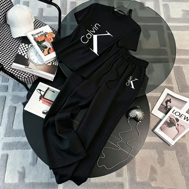 New 2026 Women's T-shirt+Wide Leg Sports Mid Waist Loose Drawstring Straight Pants Casual Set In Stock_ecoleips.com