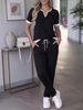 Women's Casual Short Sleeve V-Neck Top With Drawstring Straight Leg Pants Set, Summer Two-Piece Outfit, Comfortable Loungewear And Daily Wear_ecoleips.com