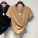 Women's Bamboo Cotton V Neck Short Sleeve T-Shirt Unique Design Slimming Summer Thin Versatile Top_ecoleips.com
