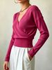 Women Cross Wrap V Neck Ribbed Knit Top Loose Long Sleeve Lightweight Hollow Texture Breathable Skin-friendly Cropped Knit Blouse_ecoleips.com