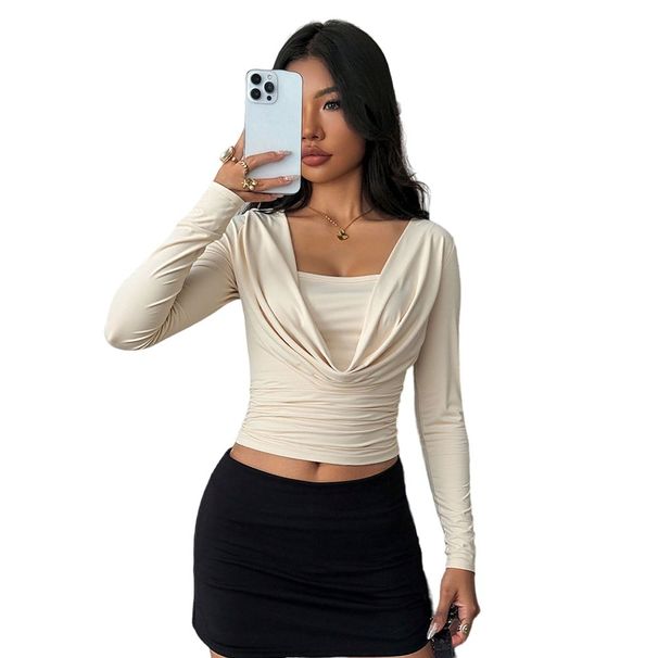 Voya Women's Temperament, Inner Top, Knitted Shirt, Swinging Collar, Short Style, Spring And Summer Slim Fit, Inner Top, Outer Wear, Long Sleeved_ecoleips.com