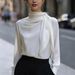 Satin Ribbon Women's Shirt Stand Collar Long Sleeve Luxury Commuting Relaxed Everyday Wear Comfortable Feshion_ecoleips.com