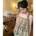 Sweet Girl's Outfit: Retro Lace-Up Square-Neck Vest, Fresh Plaid Babydoll Shirt, Short Sweet And Cool Camisole Top_ecoleips.com