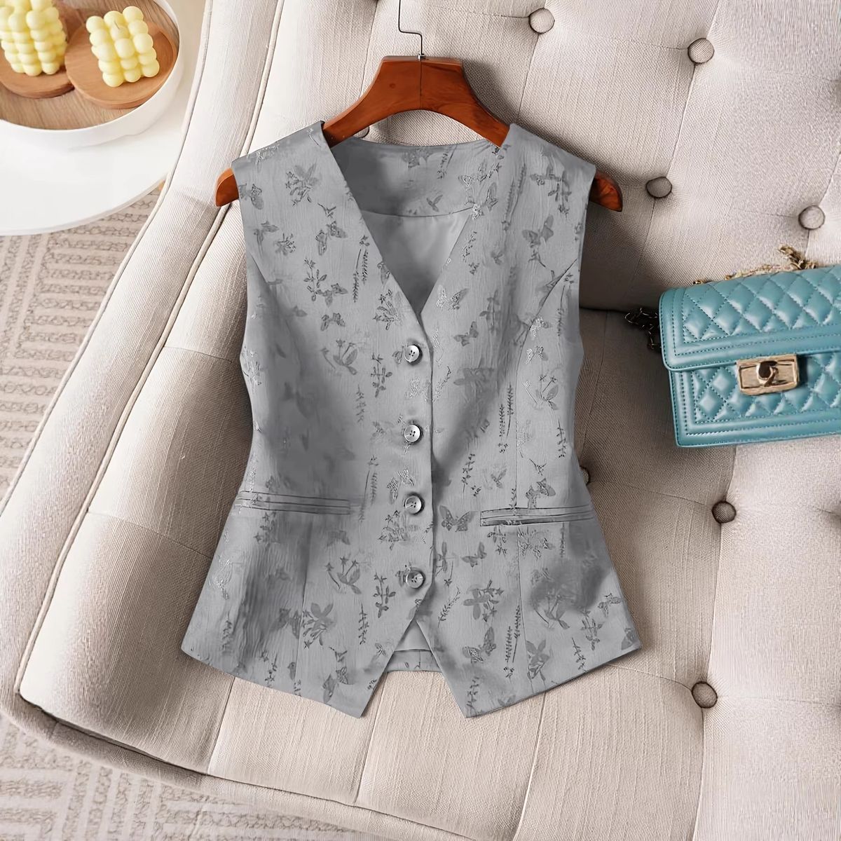 European And American Cross-border Jacquard Vest For Women, 2026 Spring-summer New Style, Elegant Floral V-neck_ecoleips.com