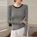 2025 High Quality Black White Striped T-Shirt Women's Pure Cotton 2025 Autumn And Winter Clothing New Slim Fit Shoulder Top_ecoleips.com