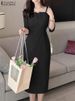 ZANZEA Elegant Women Slim Knee-length Dress Fashion Square Neck 3/4 Sleeve Seamed Party Vestidos Casual Commute Solid Short Robe_ecoleips.com