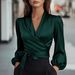 Elegant Satin V Neck Slimming Top For Women Tie Waist New Style Spring Autumn Independent Websites_ecoleips.com