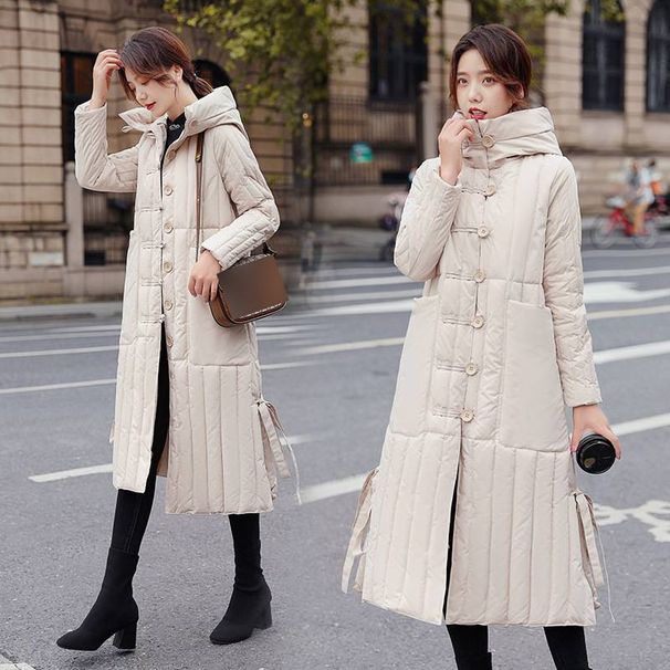 Women's Long Knee-Length Down Cotton Coat Winter Jacket Slim Fit A-Line Padded Parka With Hood (Red, Gray, Black, White)_ecoleips.com