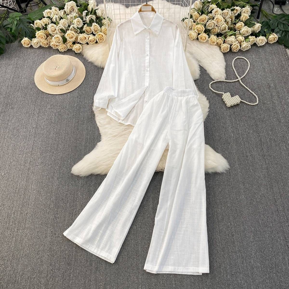 French-Inspired Oversized Shirt & High-Waisted Wide-Leg Pants Set – Soft Pink Sun Protection Outfit (One Size, 6 Colors)_ecoleips.com