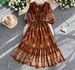 Women's French Retro Red Floral Print Dress Round Neck Three Quarter Sleeve Slimming Waist Full Skirt Ruffles Summer Style_ecoleips.com