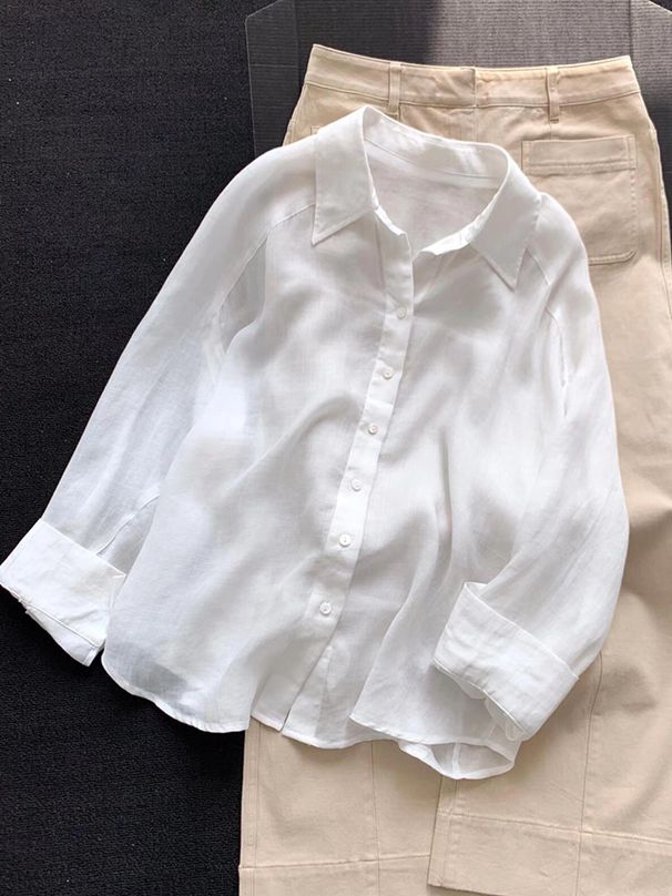 Highly Recommended High-end Imported Linen White Shirt For Women, 2026 New Model, Minimalist Style, Sun-protective Top_ecoleips.com