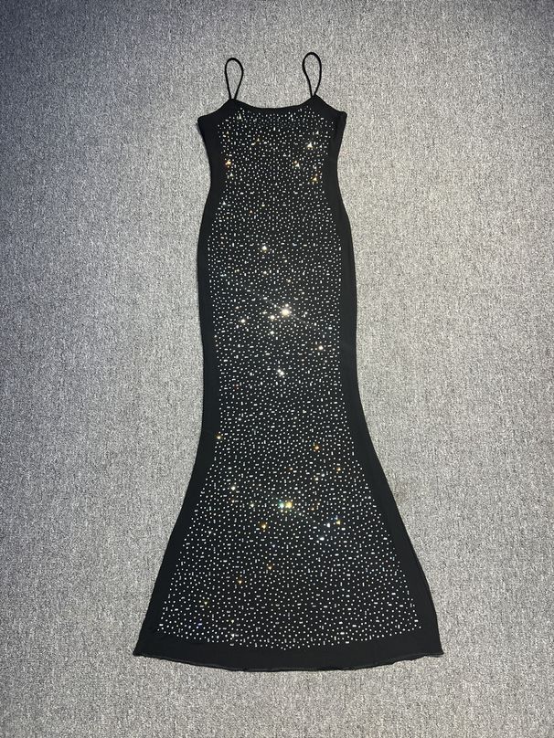 Women's Clothing Sexy Niche Trendy Brand Rhinestone Sling Slim Dress Black Apricot Long Dress Birthday Fishtail Dress_ecoleips.com