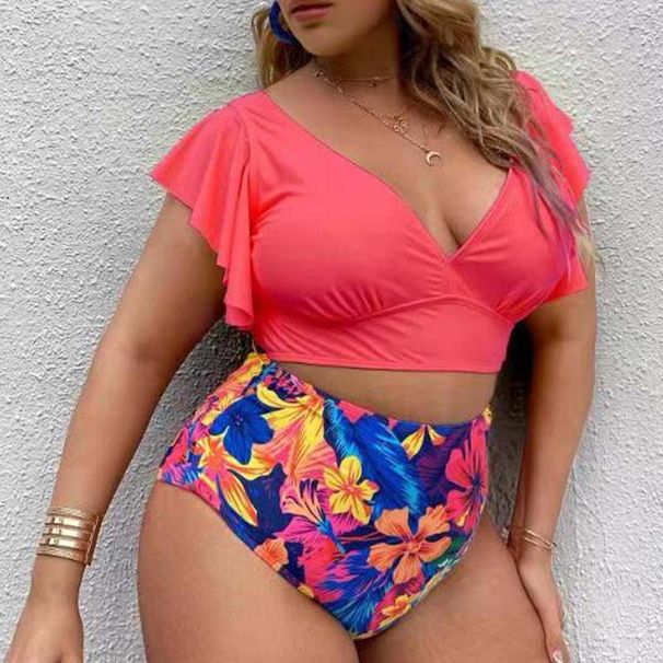 Verve 2025 New Plus Size Solid Color Printed Women's Two-Piece Bikini Swimsuit_ecoleips.com