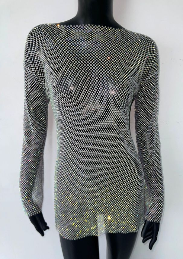 Verve Women's Mesh Fishnet Stretch Rhinestone Gown Dress_ecoleips.com