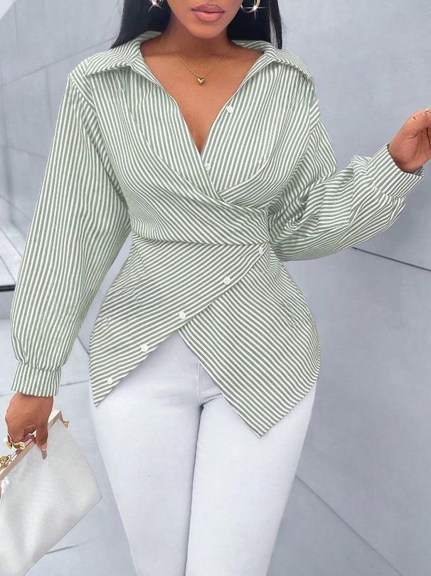 European Hot Sale New Spring And Summer Women's Shirts Fashionable Sexy Versatile Striped Long-sleeved Women's Shirt Top_ecoleips.com