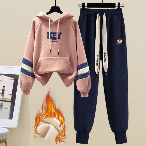 Women's Clothing Fashion Suit Plus Velvet And Thickened Autumn And Winter Stylish Hooded Sweatshirt Casual Sweatpants Warm Two Piece Suit_ecoleips.com
