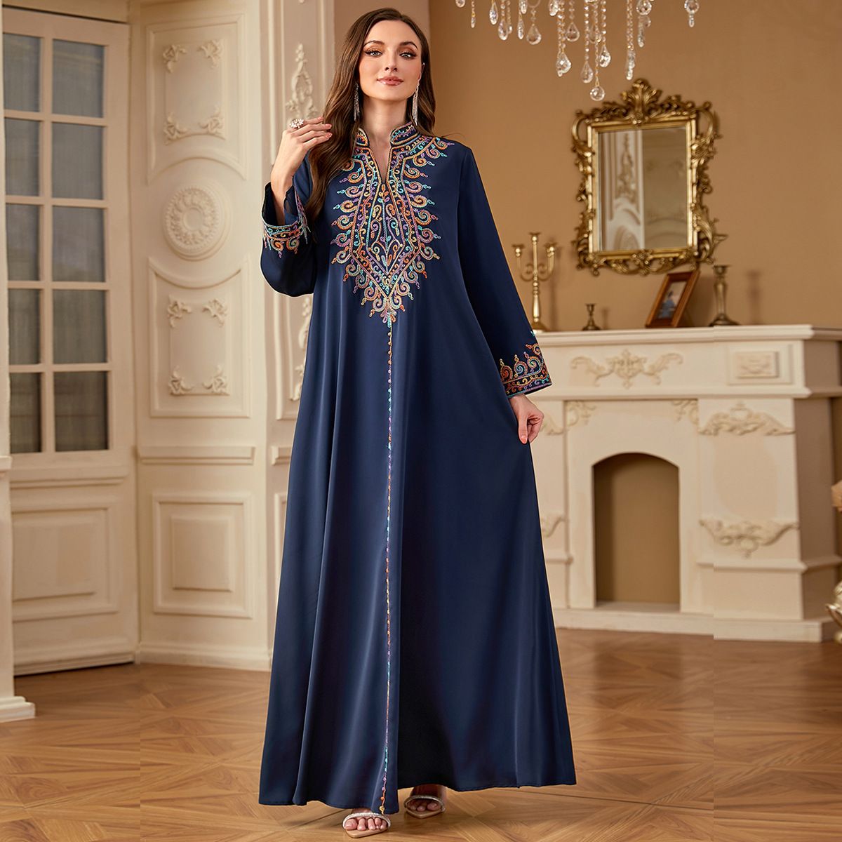 Fashion Elegant Beaded Handmade Beaded Long Skirt Light Luxury Heavy Work Abaya Women's Robe Musilin New_ecoleips.com