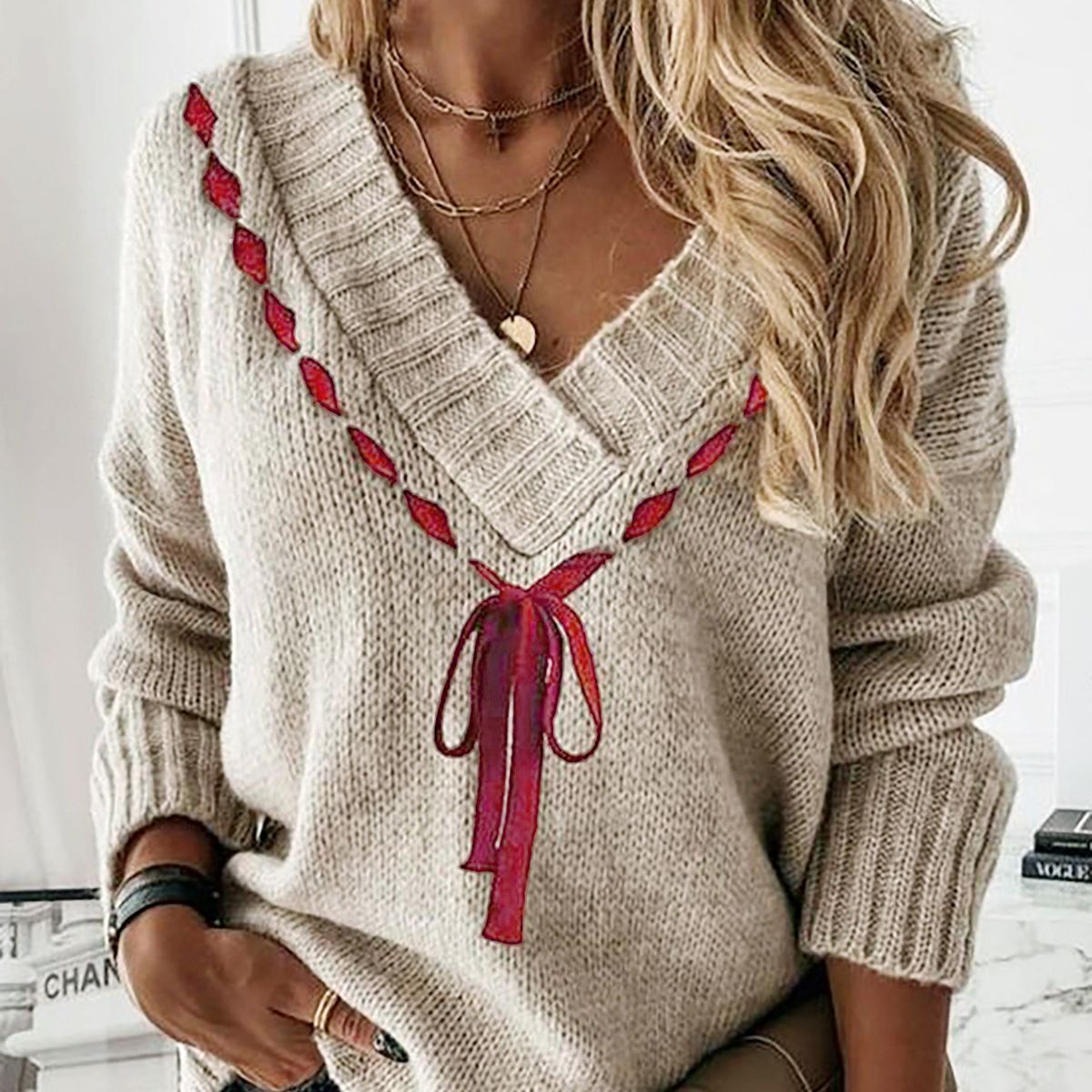 Women's Clothing Soft Ribbon V-Neck Knit Sweater For Women, Lightweight Pullover With Comfortable Fall & Spring Wear, Casual Long Sleeve Top In Khaki_ecoleips.com