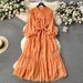 Elegant French-Style Lace Trim Bubble Sleeve Dress With Bow Tie & Peter Pan Collar – Flowy Midi Length For Women_ecoleips.com