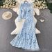 Luxury Embellished Lace Blouse & Mermaid Skirt Set – Elegant V-Neck & Tailored Waist | Blue & Beige | M-4xl_ecoleips.com