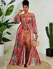 Curvy Women Vibrant Abstract Print Off Shoulder Puff Sleeve Maxi Dress, Belt Tie Bow High Slit Flowy Swing Gown For Beach Vacation Night Party_ecoleips.com