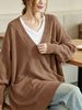 Coffee Brown Deep V Multi Pocket Pit Rib Knit Tunic Sweater, Oversized Loose Lightweight Breathable Soft Skin-touch Long Sleeve Pullover_ecoleips.com