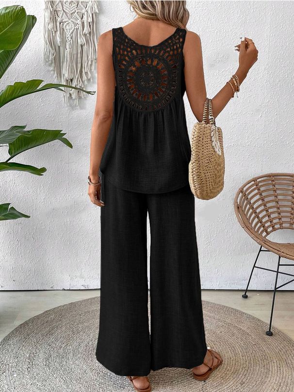 Women's Sleeveless Vest And Trousers Set Solid Color Back Hollowed Out Lace_ecoleips.com